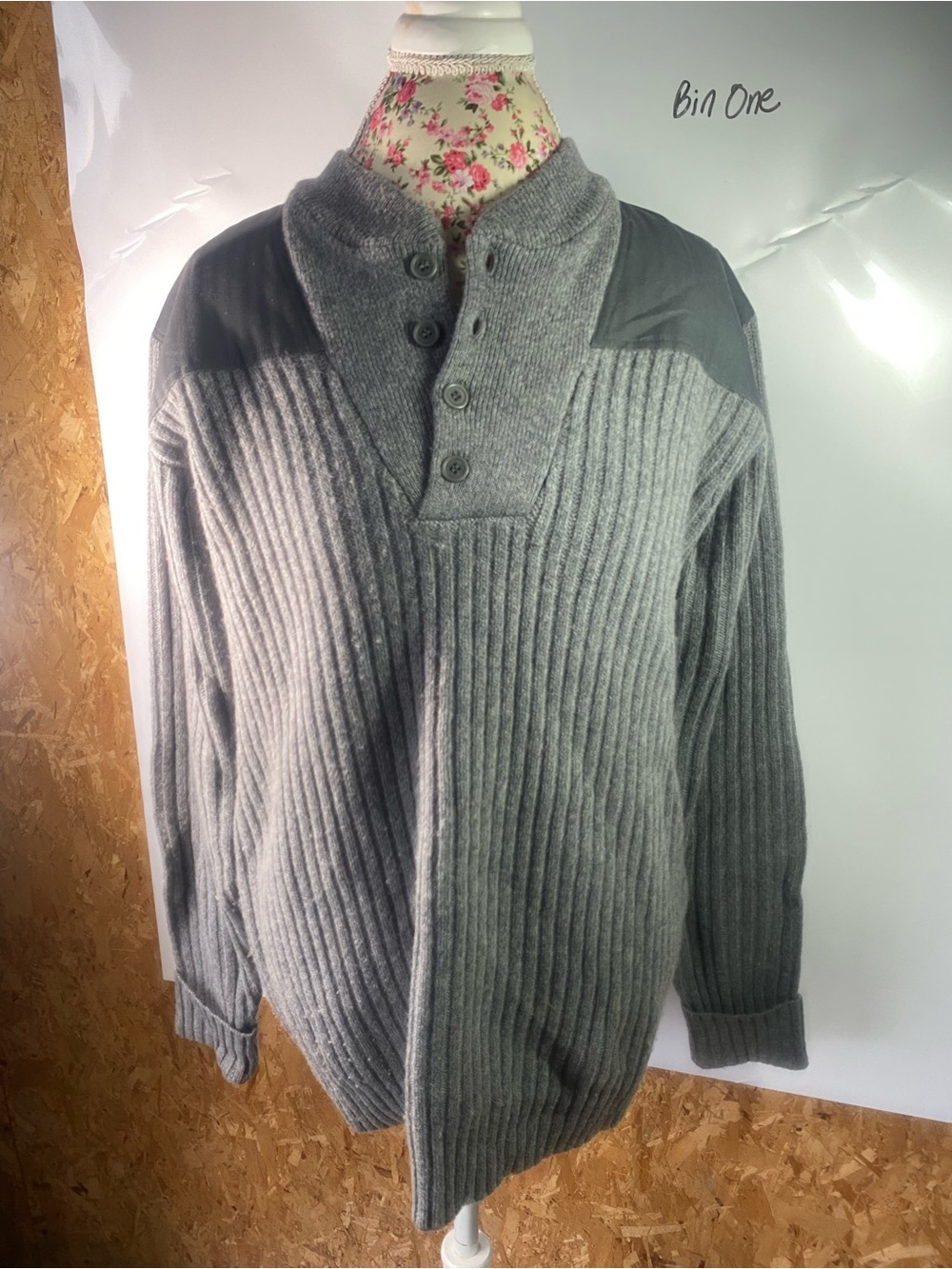 L.L. Bean Men's Grey Ribbed Button-Front Crewneck Sweater